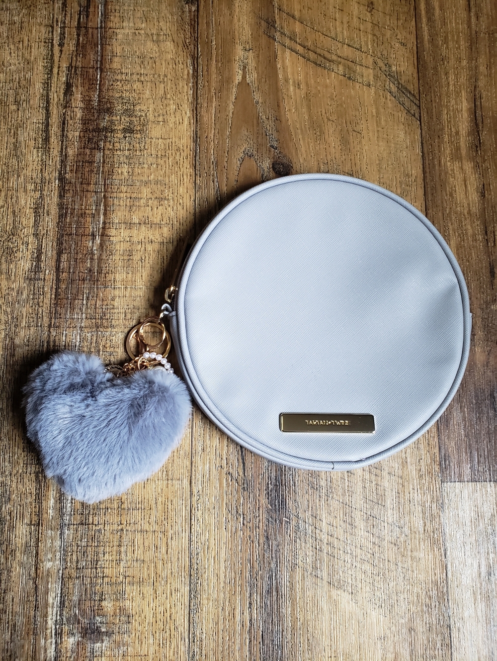 Tartan + Twine Round Light Gray Women’s Cosmetic Bag with Heart Pom Charm